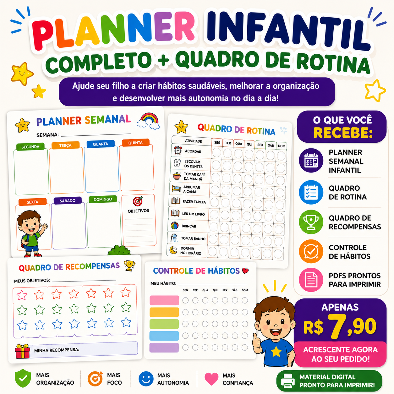 Planner Infantil Completo + Quadro de Rotina